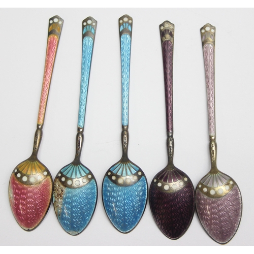 1033 - 9 Scandinavian silver and guilloche enamel demitasse spoons, various colours, likely Norwegian c.193... 