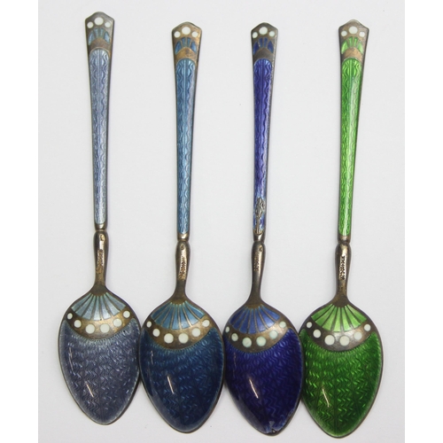 1033 - 9 Scandinavian silver and guilloche enamel demitasse spoons, various colours, likely Norwegian c.193... 