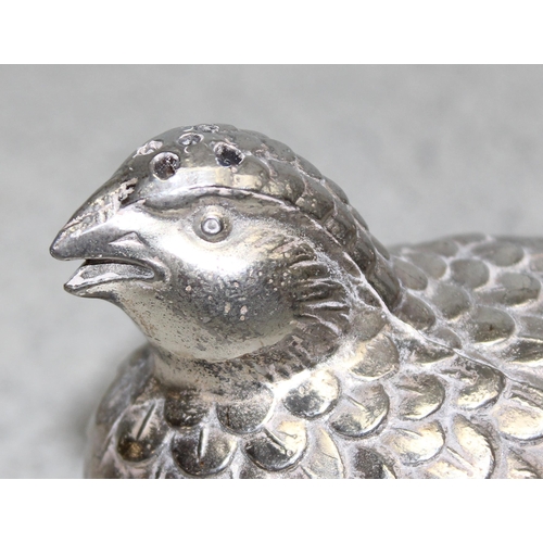 1048 - In the manner of Gucci, a pair of silver plated sugar castors formed as Quails, approx 9cm wide