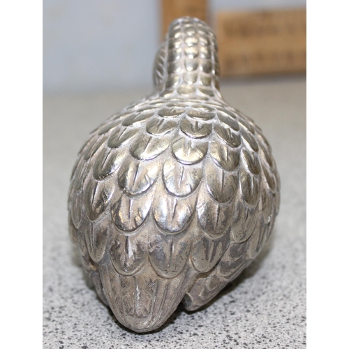 1048 - In the manner of Gucci, a pair of silver plated sugar castors formed as Quails, approx 9cm wide