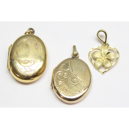 1149 - 2 9ct gold back and front lockets and a 10ct gold floral pendant, approx 7.94g gross