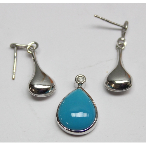 1158 - A pair of 9ct white gold drop earrings and a 9ct white gold and turquoise pendant, approx 2.53g gros... 