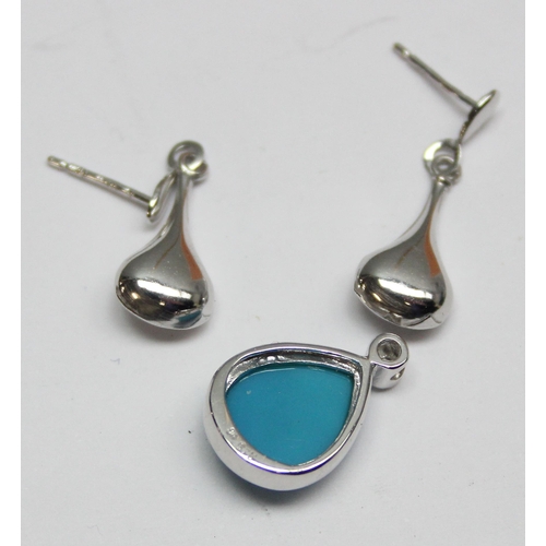 1158 - A pair of 9ct white gold drop earrings and a 9ct white gold and turquoise pendant, approx 2.53g gros... 