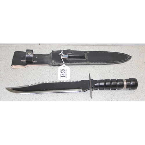 1450 - Large survival knife in sheath, blade measures approx. 25cm