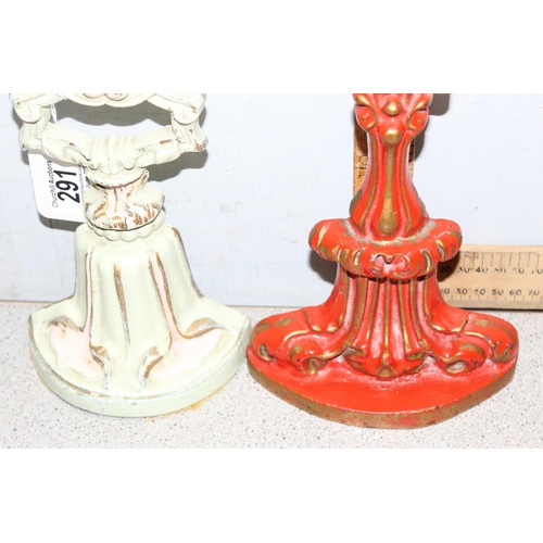 291 - 2 antique style door stops, red and cream painted with gilt highlight, one marked Kenrick 466