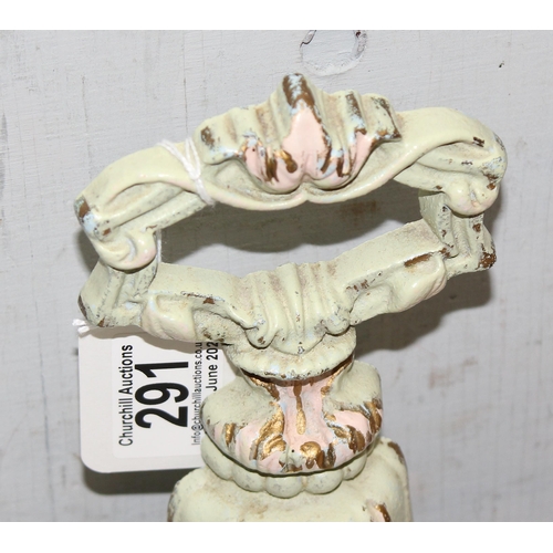 291 - 2 antique style door stops, red and cream painted with gilt highlight, one marked Kenrick 466