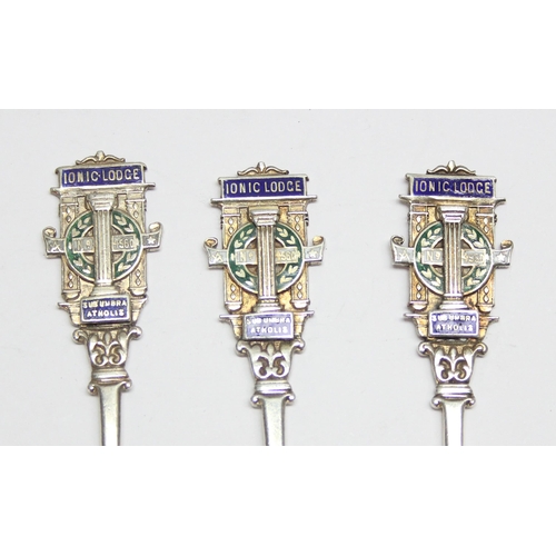 1053 - 3 masonic silver and enamel spoons, Birmingham 1927, 31 & 33 by AS & Co, approx 51g gross