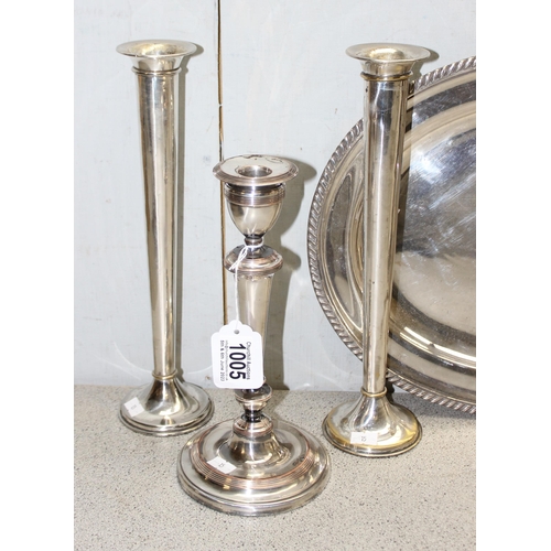 1005 - Qty of metalware to include silver plated tray, candlesticks and photo frames