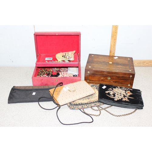 1100 - 2 jewellery boxes with some contents and a selection of clutch bags and purses