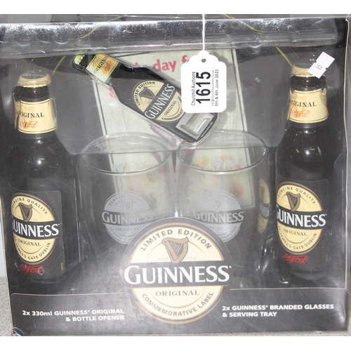 1615 - Limited edition Guinness gift pack to include 2 bottles of Guinness, branded glasses and serving tra... 