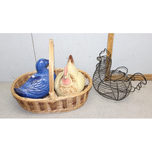 1706 - 2 egg crocks, a wicker basket and a blue duck