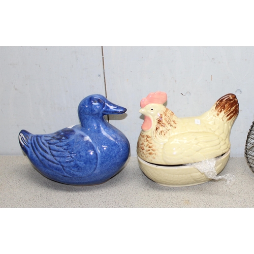 1706 - 2 egg crocks, a wicker basket and a blue duck