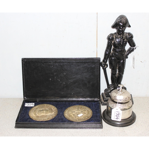 1709 - Cast iron Napoleon doorstop, mounted shop bell & a boxed pair of reproduction plaques