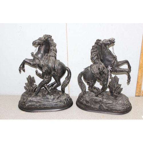 1712 - A pair of antique bronzed spelter Marly Horse sculptures, each approx 43cm tall