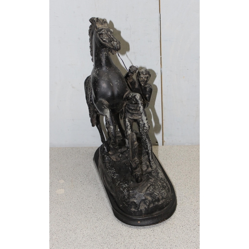 1712 - A pair of antique bronzed spelter Marly Horse sculptures, each approx 43cm tall