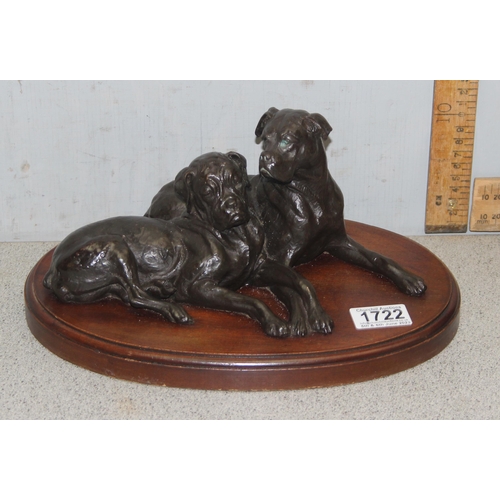 1722 - Doris Lindner (XX), bronzed sculpture of 2 recumbent dogs on wooden base