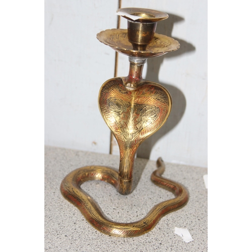 1725 - A pair of brass candlesticks formed as Cobra snakes and a reproduction brass sextant or sundial