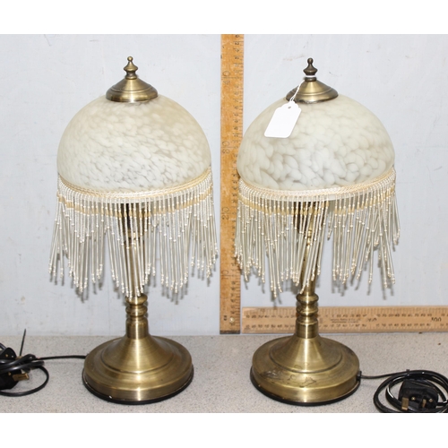 240 - A pair of Art Deco style glass and beaded drop table lamps, each approx 45cm tall