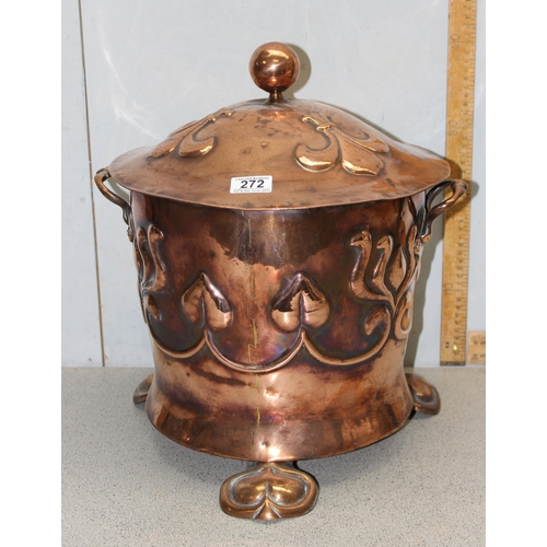 272 - An impressive Art Nouveau period copper coal bucket with embossed motifs, approx 35cm in diameter