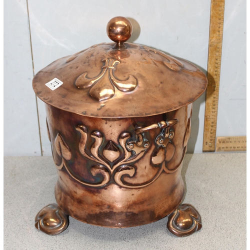 272 - An impressive Art Nouveau period copper coal bucket with embossed motifs, approx 35cm in diameter