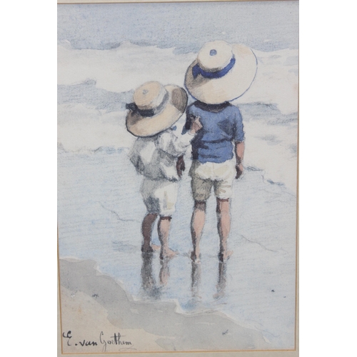 401 - E Van Goethem watercolour of children paddling in the sea, measures approx 50cm x 42cm