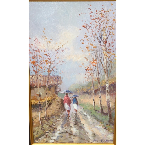 416 - M. Aznar (XX-XXI) oil on canvas of figures on a rural path, in wooden frame, approx 48cm x 38cm