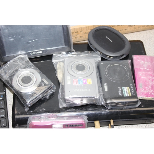 751 - Box of assorted electronics to inc digital cameras, sat nav, tablets etc