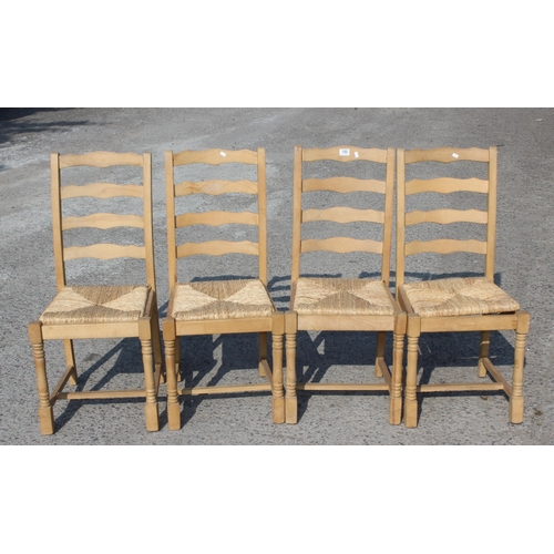 150 - 4 pine ladderback kitchen chairs with rush seats