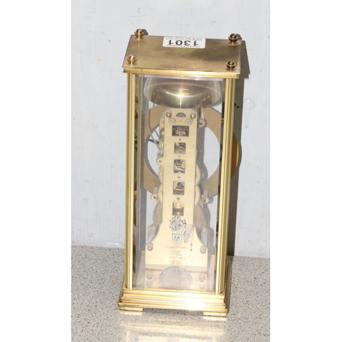 1301 - Franz Hermie brass cased Skeleton clock with pendulum & key