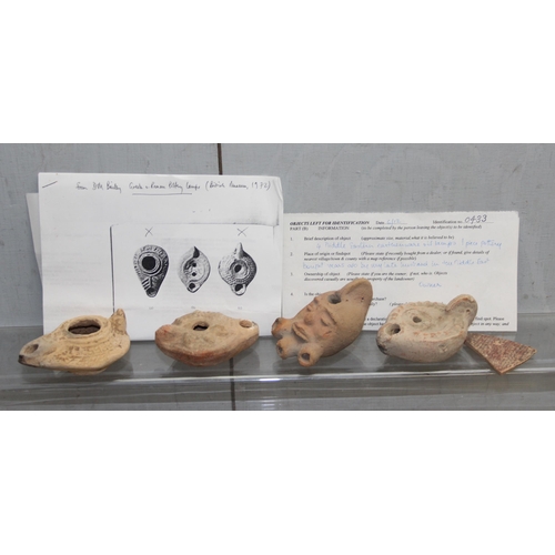 1647 - 4 assorted pottery oil lamps with paperwork from the Ashmolean Museum in Oxford, 2 are likely reprod... 