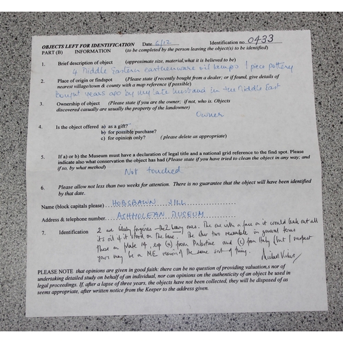1647 - 4 assorted pottery oil lamps with paperwork from the Ashmolean Museum in Oxford, 2 are likely reprod... 