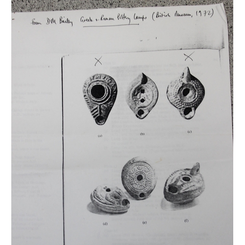 1647 - 4 assorted pottery oil lamps with paperwork from the Ashmolean Museum in Oxford, 2 are likely reprod... 