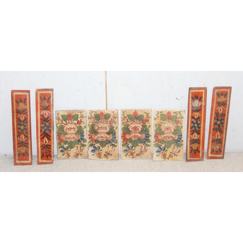 1650 - 2 sets of 4 (8) Kashmiri style painted wooden panels with floral decoration, likely 19th century, ap... 