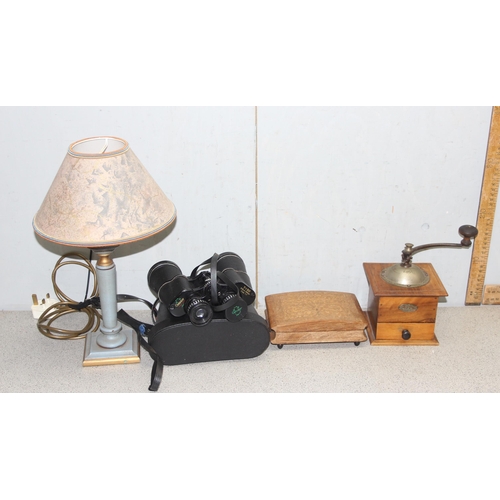 1796 - A vintage Peugeot coffee grinder, a painted wooden lamp with shade, a musical wooden jewellery box a... 