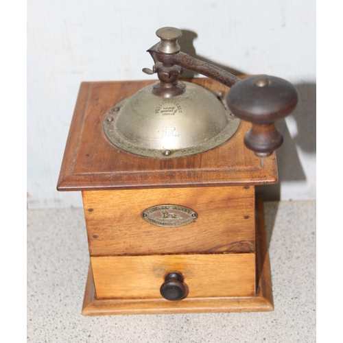 1796 - A vintage Peugeot coffee grinder, a painted wooden lamp with shade, a musical wooden jewellery box a... 