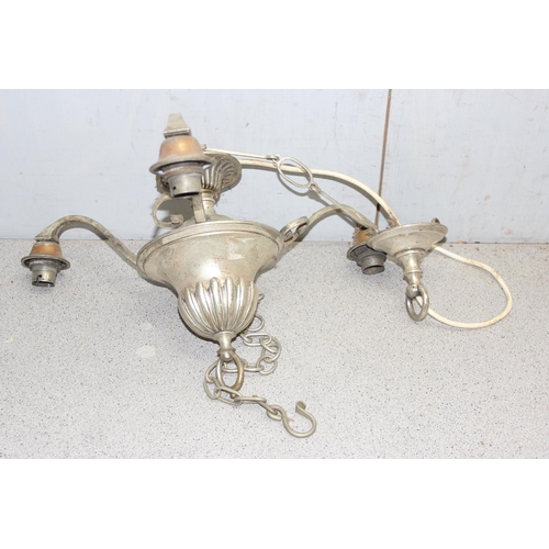 269E - An antique brass table lamp in the manner of Benson, unmarked, a hanging 3 branch silver plated chan... 