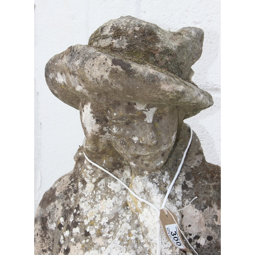 300 - Large weathered garden statue of a man, approx 138cm tall