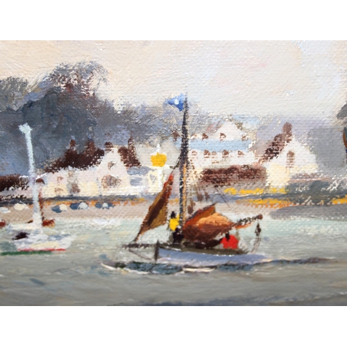 451 - Vic Ellis (1921-1984), oil on canvas board, sail boats in harbour, signed lower right, in gilt frame... 