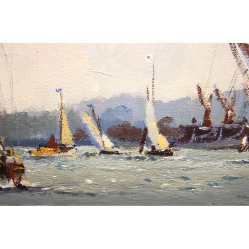 451 - Vic Ellis (1921-1984), oil on canvas board, sail boats in harbour, signed lower right, in gilt frame... 