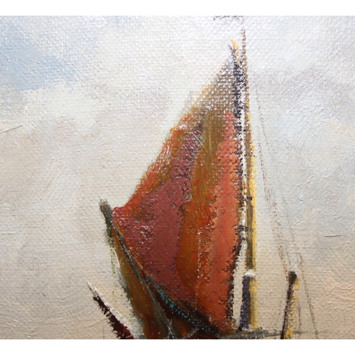 451 - Vic Ellis (1921-1984), oil on canvas board, sail boats in harbour, signed lower right, in gilt frame... 