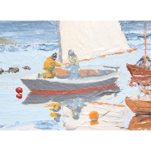 452 - David Eddington, watercolour of boats in an estuary, an impasto oil on board of boats signed Mouat a... 