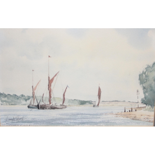 452 - David Eddington, watercolour of boats in an estuary, an impasto oil on board of boats signed Mouat a... 