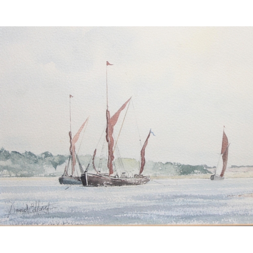 452 - David Eddington, watercolour of boats in an estuary, an impasto oil on board of boats signed Mouat a... 