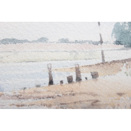 452 - David Eddington, watercolour of boats in an estuary, an impasto oil on board of boats signed Mouat a... 