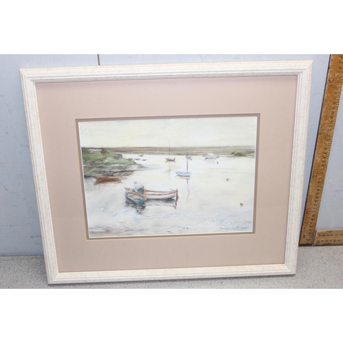 452 - David Eddington, watercolour of boats in an estuary, an impasto oil on board of boats signed Mouat a... 