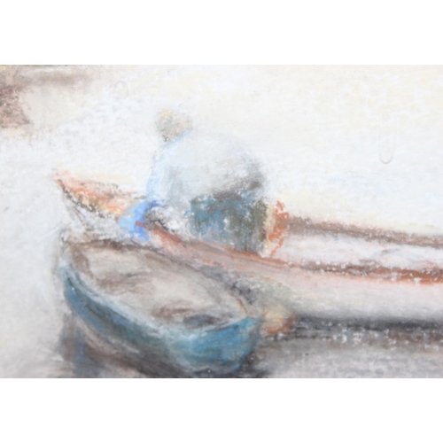 452 - David Eddington, watercolour of boats in an estuary, an impasto oil on board of boats signed Mouat a... 