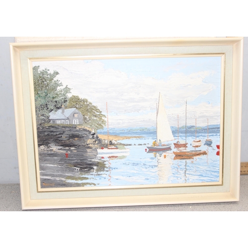 452 - David Eddington, watercolour of boats in an estuary, an impasto oil on board of boats signed Mouat a... 