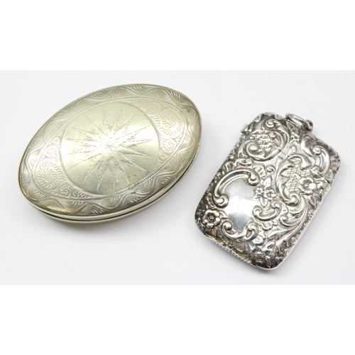 1056 - A silver plated and embossed vesta case and a silver plated Thomas Evans of Treherbert snuff box nam... 