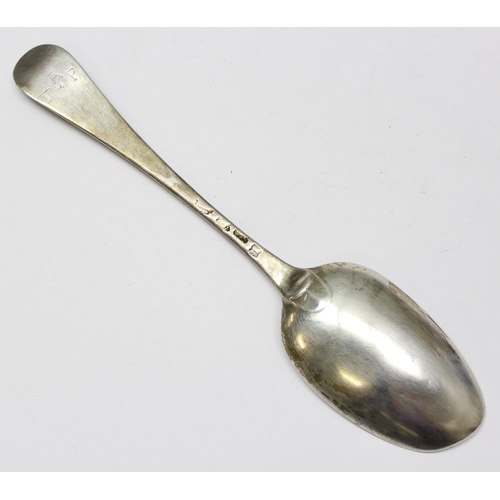 1061 - An early to mid 18th century silver serving spoon, marks rubbed London hallmark for Ebenezer Coker 1... 