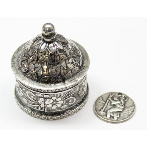 1062 - A small 800 silver trinket box containing a silver St Christopher medallion and note saying it was w... 